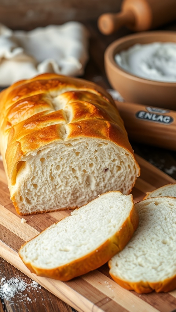 Classic Homemade Bread Recipe Freshly baked homemade bread loaf sliced on a wooden board.
